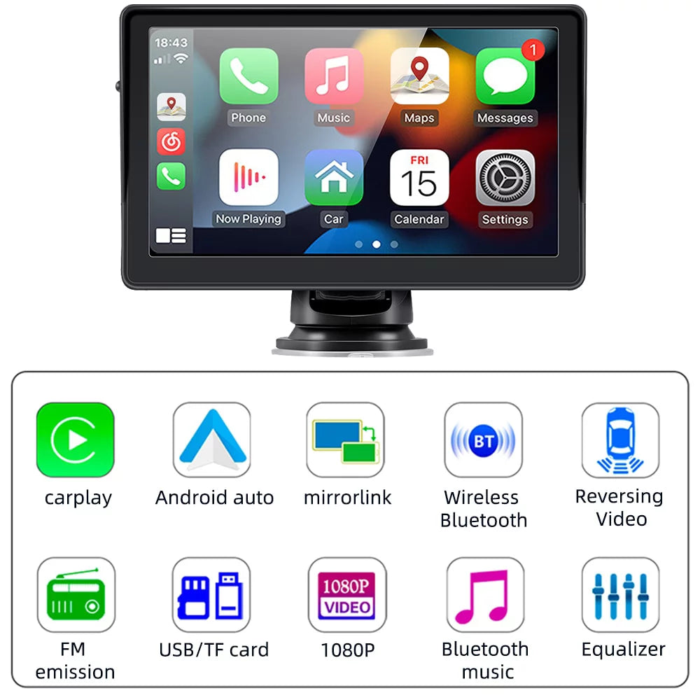 2023 Newest Portable Car Radio with Apple Carplay and Android Auto, Wireless Car Stereo 7" IPS Touchscreen with Bluetooth Hands-Free/Mirror Link/Siri Assistant, Windshield Mounted