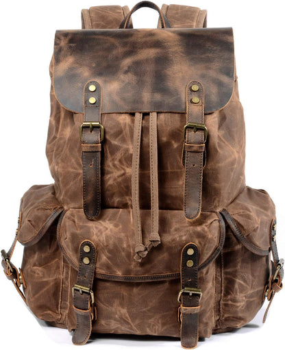 Leather Backpack for Men, Waxed Canvas Shoulder Rucksack for Travel School