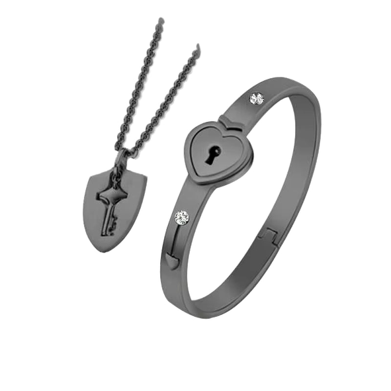 2Pcs/Set Couple Jewelry Sets Love Heart Lock Bracelet Bangles Key Pendant Stainless Steel Necklace Jewelry