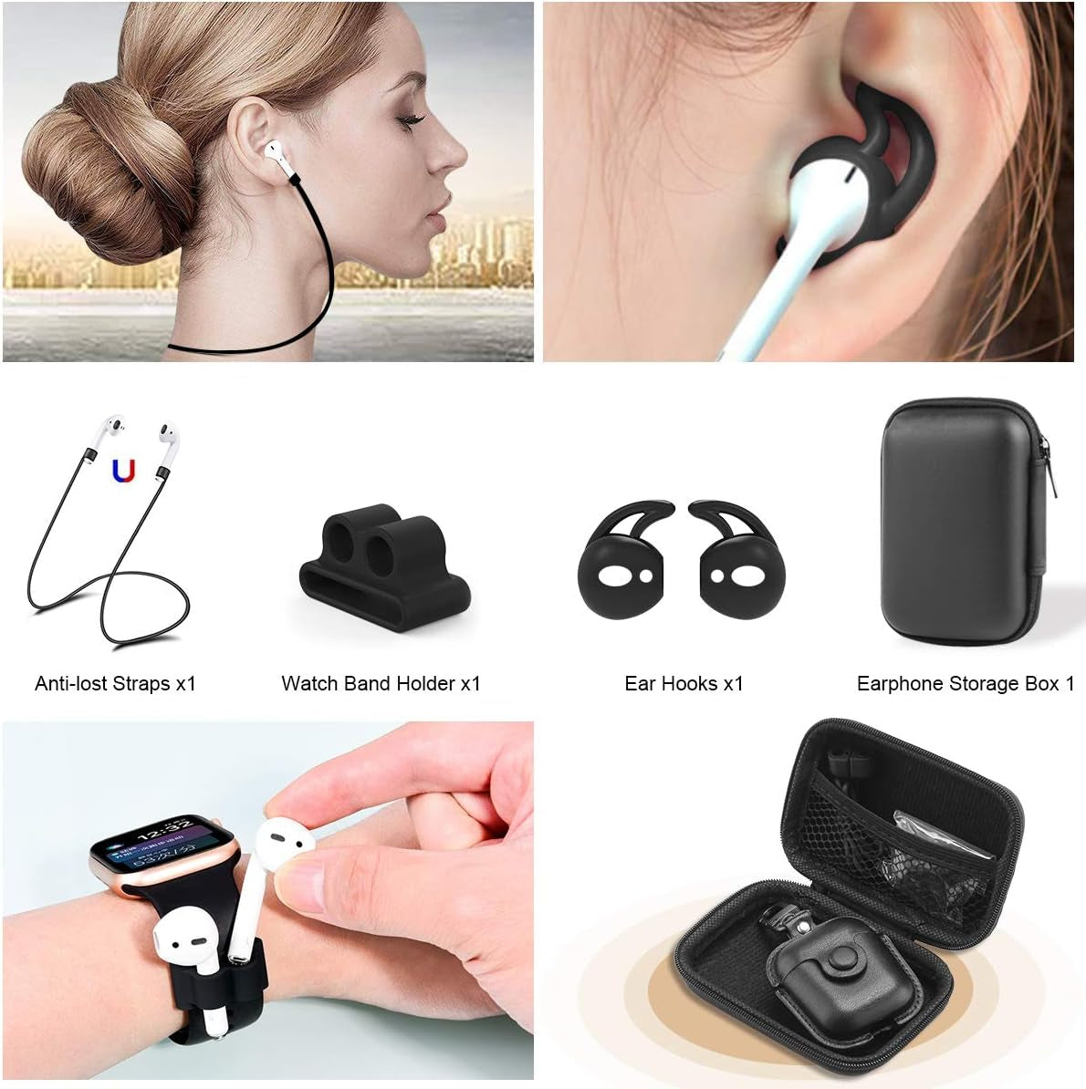 Compatible Airpods Case, Leather Airpods Cover 5 in 1 Protective Case with Keychain/Ear Hooks/Airpods Strap/Watch Band Holder/Earpods Case Compatible with Apple Airpods 2 1 Charging Case, Black