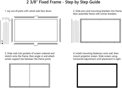 STR Series 6 Piece Home Theater Fixed Frame 4K / 8K Ultra HD, HDTV, HDR & Active 3D Movie Projection Screen, 16:9 Format, 150" Diagonal, White Material STR-169150