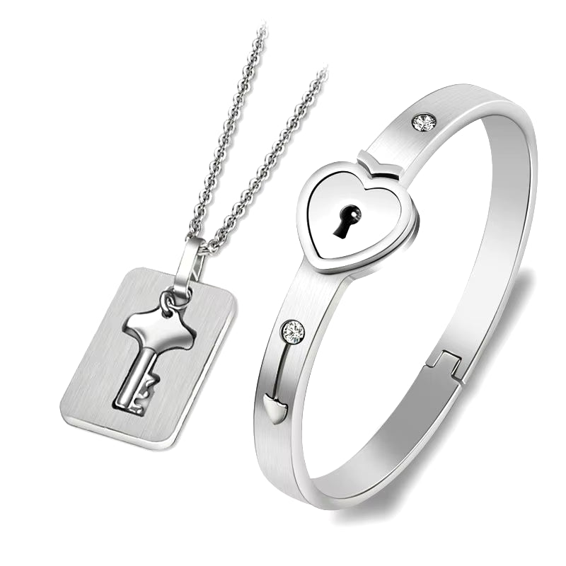 2Pcs/Set Couple Jewelry Sets Love Heart Lock Bracelet Bangles Key Pendant Stainless Steel Necklace Jewelry