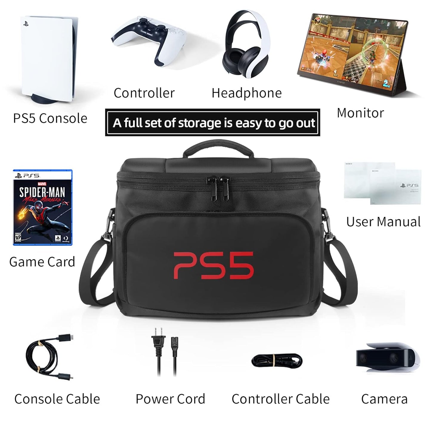 PS5 Case Storage Bag for PS5 for Play-Station 5 Controller Console Travel Carrying Case for Game Disc Gaming Mice USB Cable Charger & Accessories