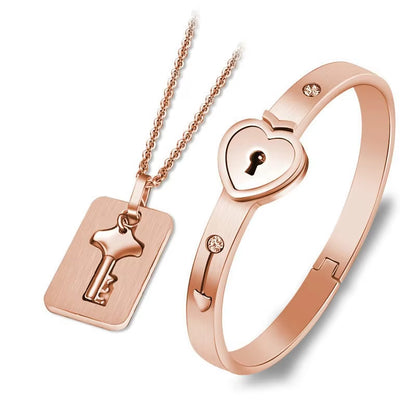 2Pcs/Set Couple Jewelry Sets Love Heart Lock Bracelet Bangles Key Pendant Stainless Steel Necklace Jewelry