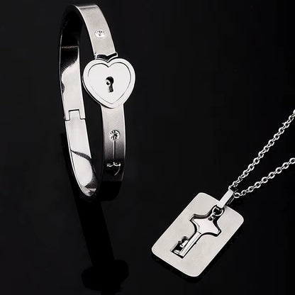 2Pcs/Set Couple Jewelry Sets Love Heart Lock Bracelet Bangles Key Pendant Stainless Steel Necklace Jewelry