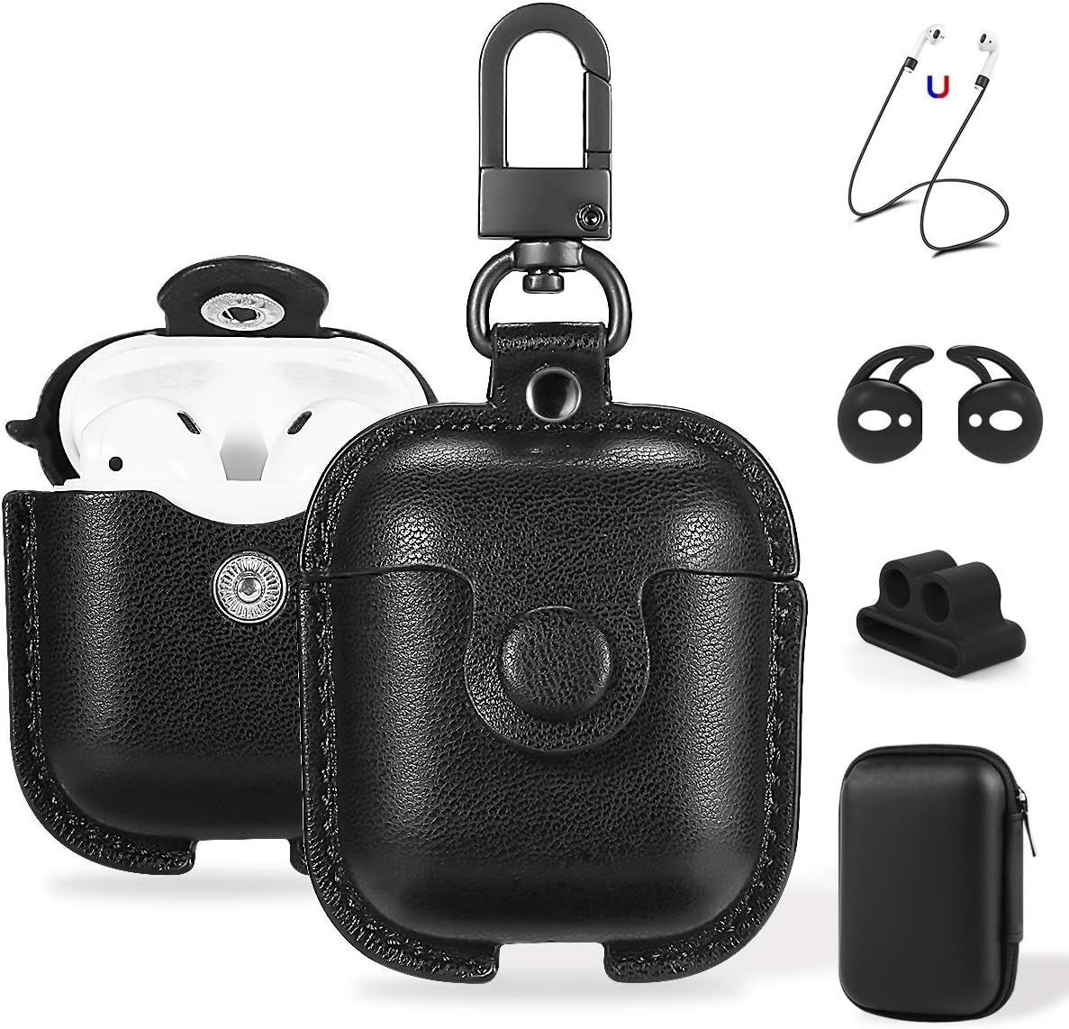 Compatible Airpods Case, Leather Airpods Cover 5 in 1 Protective Case with Keychain/Ear Hooks/Airpods Strap/Watch Band Holder/Earpods Case Compatible with Apple Airpods 2 1 Charging Case, Black