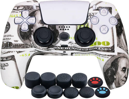 Water Transfer Printing Silicone Thickened Cover Skin Case for PS5 Dualsense Controller X 1(US Dollars) with Thumb Grips X 10