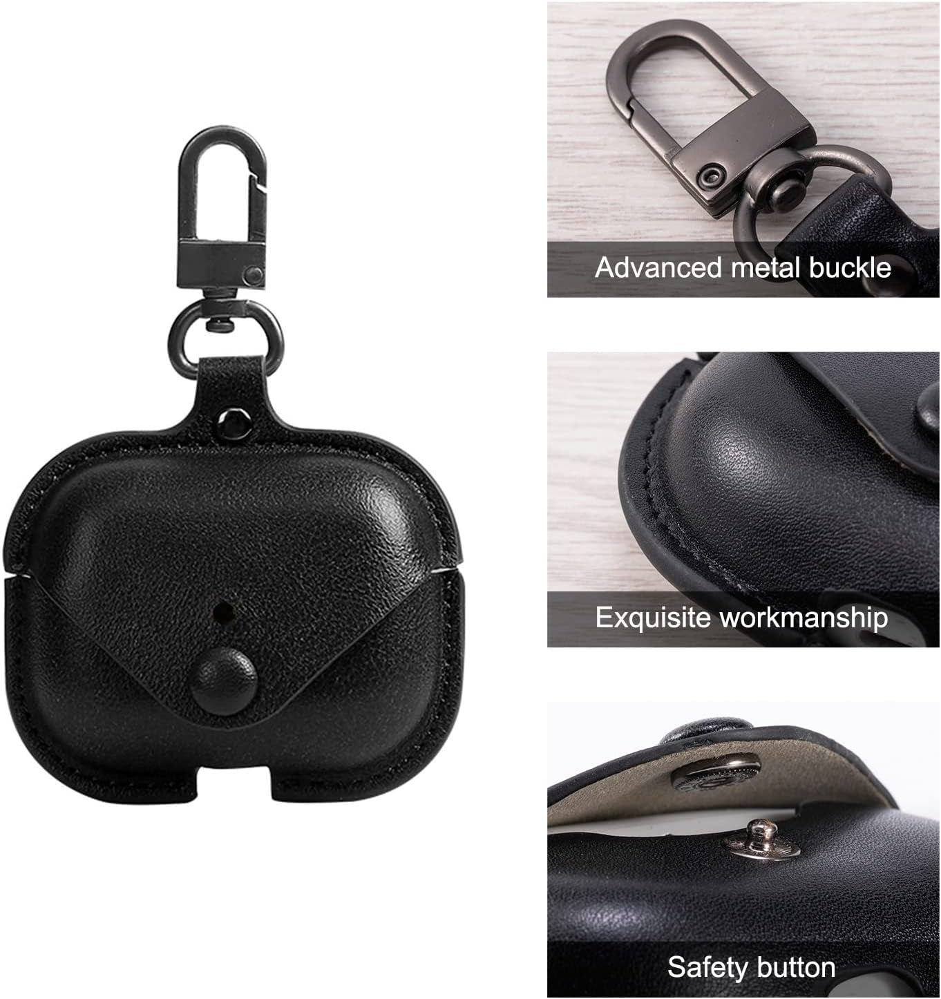 Genuine Leather Case Compatible with Airpods Pro Case,  Protective Cover for Apple Airpods Pro Wireless Charging Case Headphones Earpods, Soft Leather Cover with Keychain Hook Black